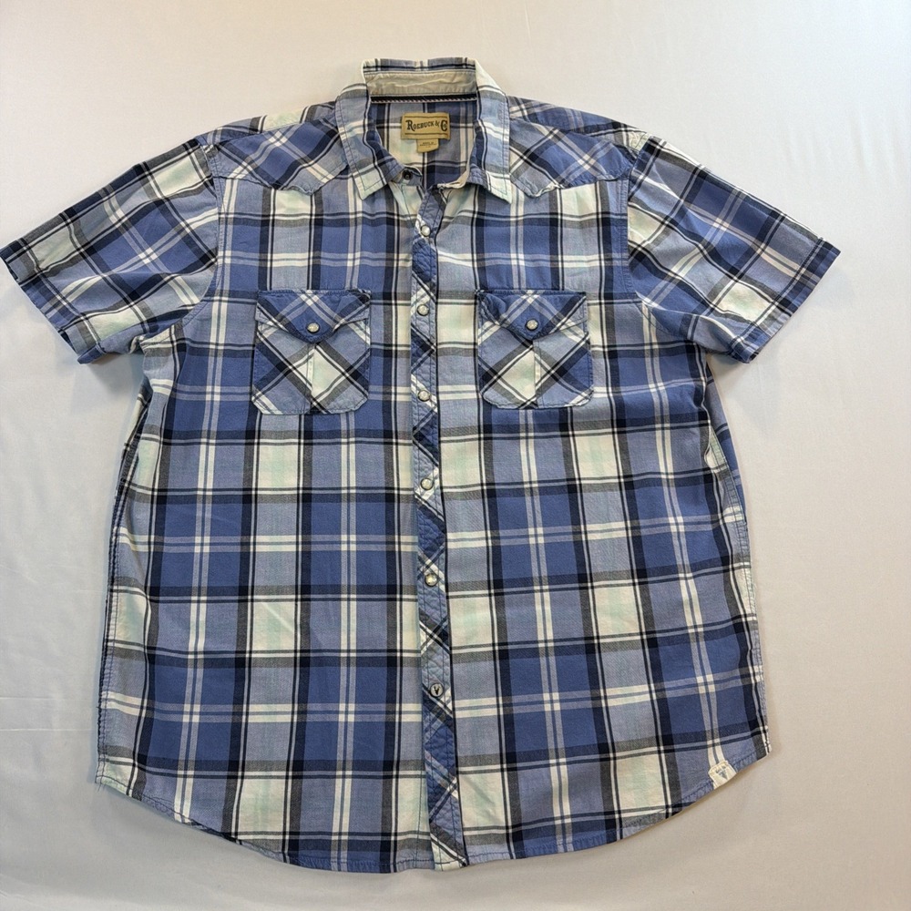Roebuck Shirt Mens Large Blue Black Plaid Pearl Snap Short Sleeve Cowboy Western